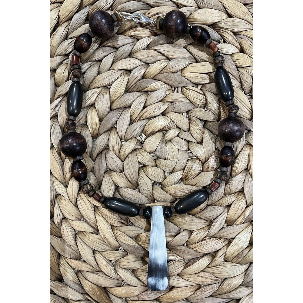 2.5in Satin Spar Gypsum Crystal & Wooden Bead Choker Boho Tribal Brutalist 16in